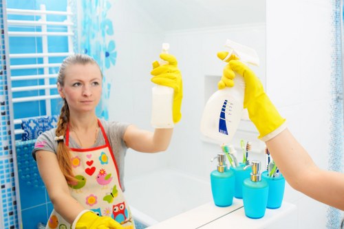 Professional cleaner in Fulham cleaning a bright modern living room